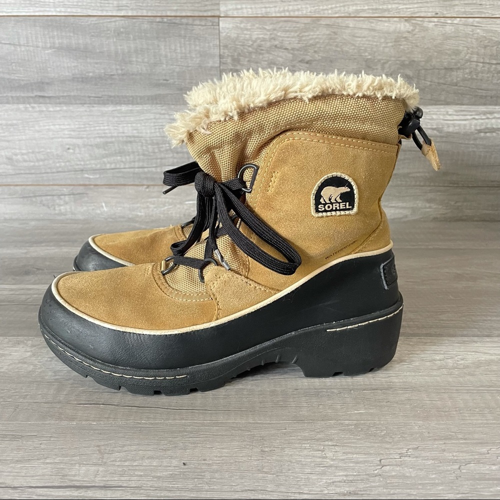 Sorel Fur Lined Winter Boots Womens Size 5 Waterproof Tan And Black